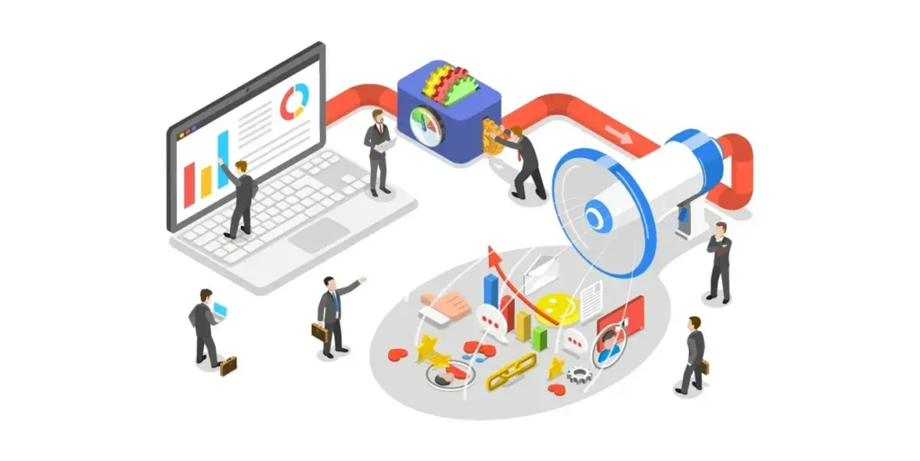 Illustration of marketing professionals analyzing data on a laptop, with a loudspeaker and various marketing graphics, representing international advertising strategies and media planning.