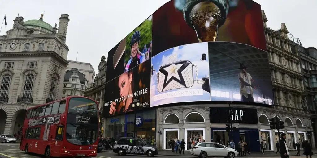 Piccadilly Lights at Piccadilly Circus displaying vibrant advertisements, iconic London red double-decker bus in foreground, showcasing modern digital signage technology.