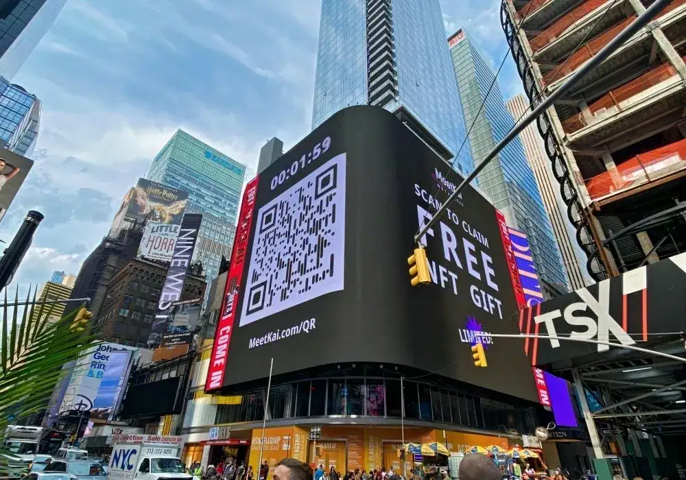 Billboard advertisement in Times Square displaying a QR code and countdown timer, promoting a free gift offer, relevant to innovative marketing strategies in urban environments.