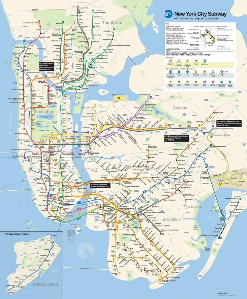 New York City subway map highlighting transit routes, stations, and connections, relevant to urban advertising strategies and guerrilla marketing campaigns.