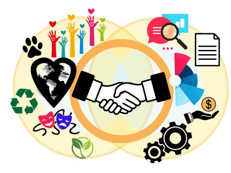 Handshake symbolizing partnership in cause marketing, surrounded by icons representing social impact, environmental sustainability, and community engagement, aligning with marketing strategies.