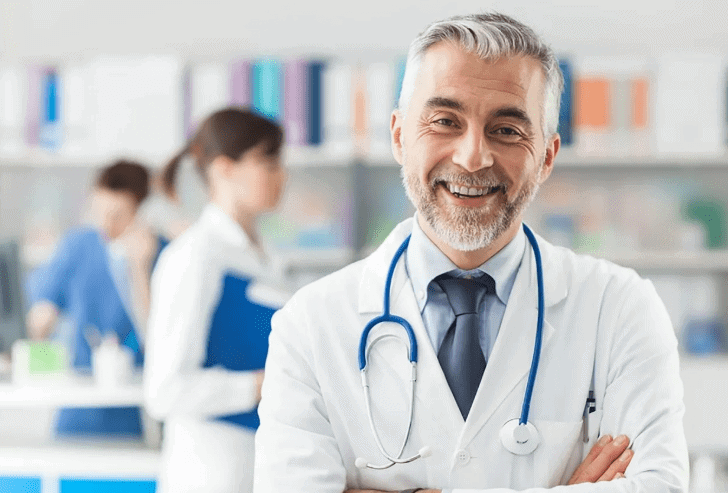 Smiling pharmacist in a white coat with a stethoscope, surrounded by colleagues in a pharmacy setting, emphasizing the importance of pharmacy advertising and customer engagement.