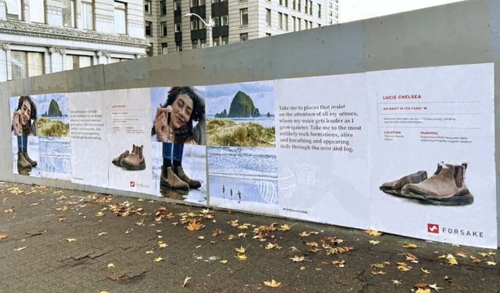 Wheatpaste posters featuring a model wearing Forsake boots, with scenic coastal background and promotional text for the Lucie Chelsea footwear, highlighting guerrilla marketing strategies.