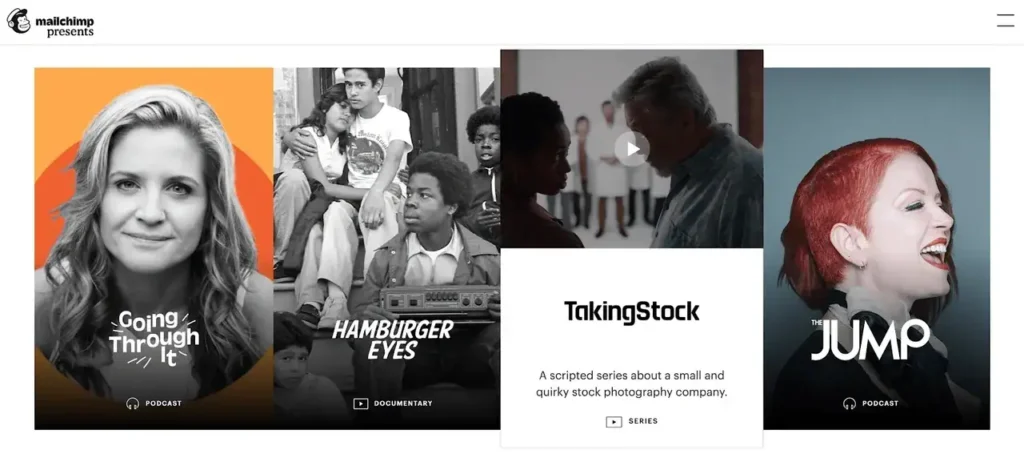 Podcast and documentary covers featuring diverse individuals and themes, promoting creative storytelling and marketing strategies.