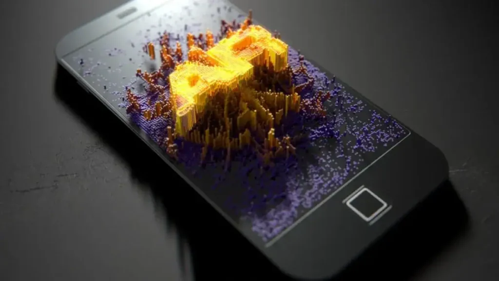 3D visualization of the word "AI" emerging from a smartphone screen, symbolizing innovative content creation and digital marketing strategies.