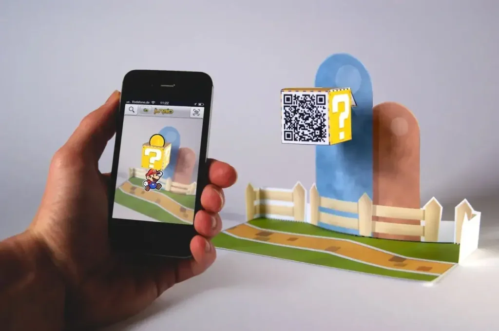 Hand holding smartphone displaying augmented reality game with 3D question block and colorful landscape elements, illustrating innovative content creation strategies in marketing.