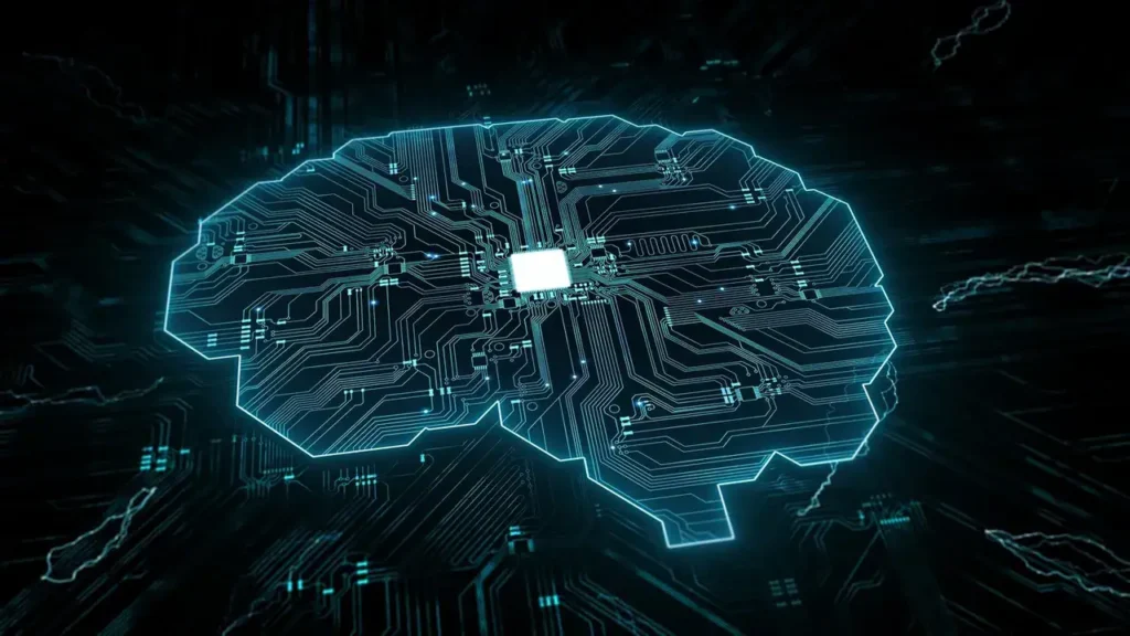 Digital representation of a brain composed of circuit board patterns, symbolizing artificial intelligence and technology integration in content creation and marketing strategies.