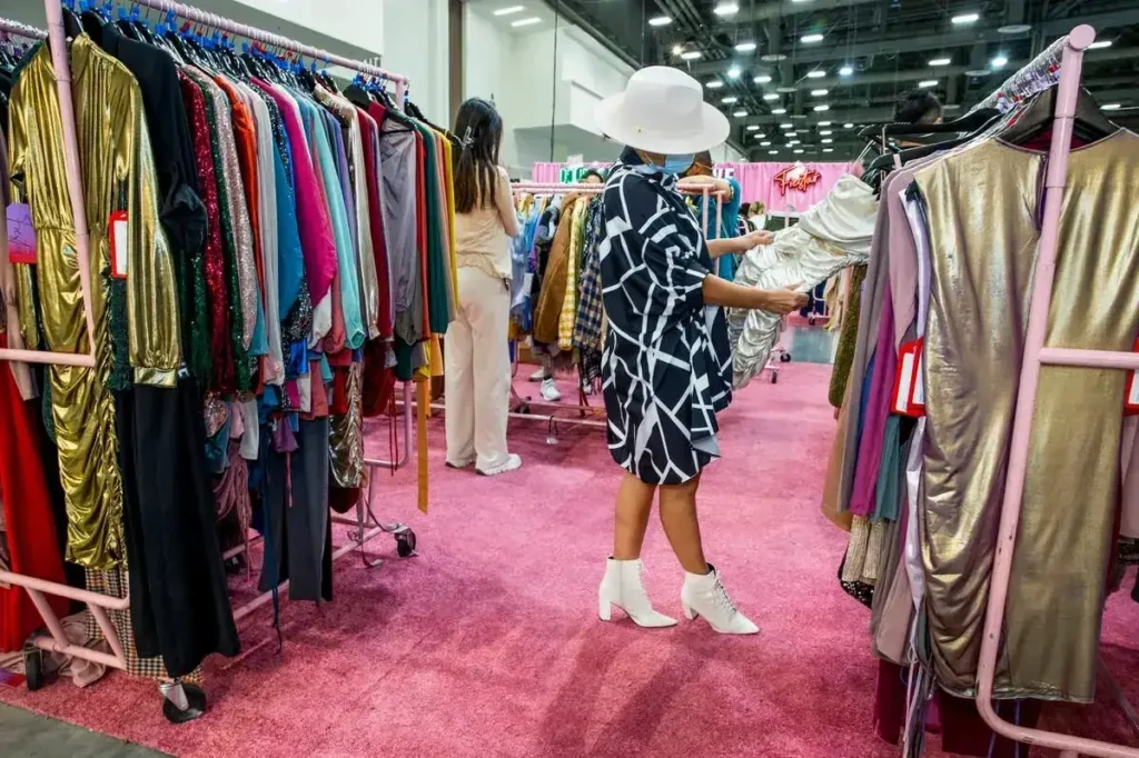 Woman browsing colorful clothing racks at a fashion expo, showcasing vibrant attire and accessories, emphasizing guerrilla marketing strategies in event advertising.