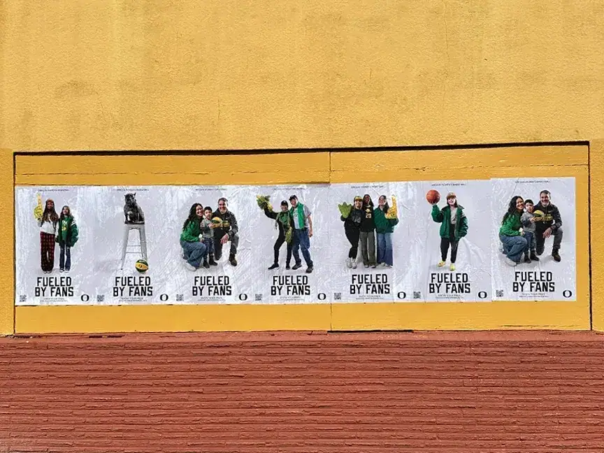 Posters featuring diverse groups of fans wearing green clothing, showcasing engagement in various activities, with the slogan "Fueled by Fans" prominently displayed, highlighting community involvement and brand promotion.