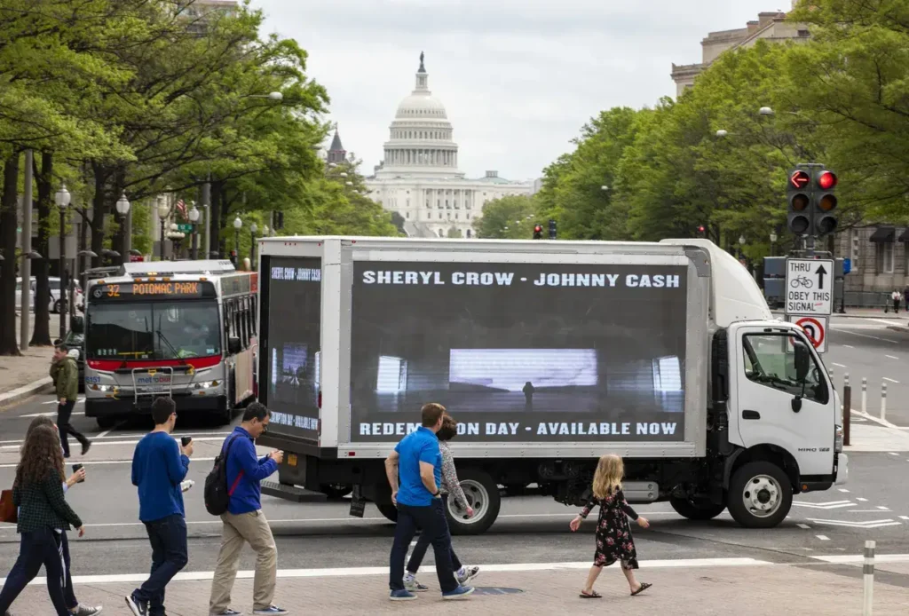 LED billboard truck advertising Sheryl Crow and Johnny Cash in Washington D.C. with pedestrians crossing the street and the Capitol building in the background.