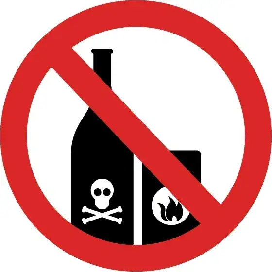 Warning sign featuring a bottle and a container with symbols for poison and fire, indicating hazardous materials, relevant to safety in marketing strategies.