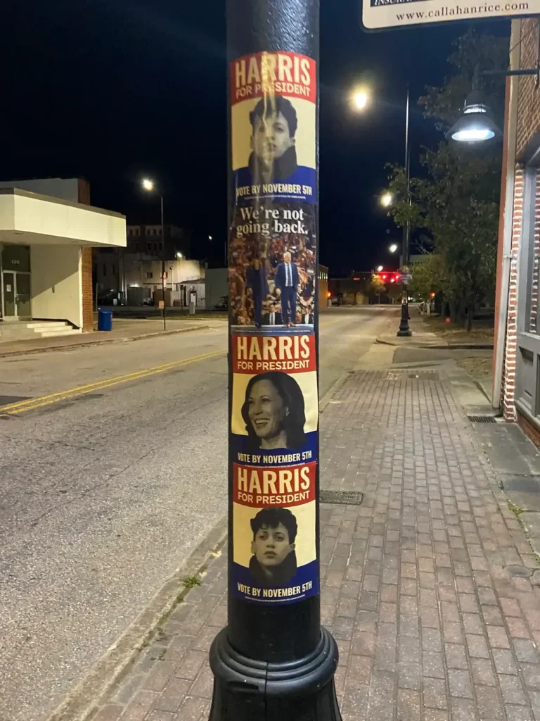 Posters for "HARRIS FOR PRESIDENT" on a street pole, featuring slogans like "We're not going back" and urging voters to "Vote by November 5th," highlighting local political advertising in an urban setting.