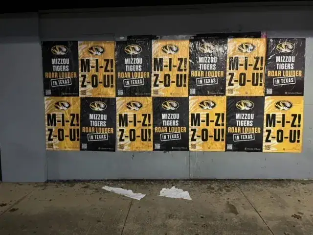 Mizzou Tigers promotional posters displaying "M-I-Z! Z-O-U!" slogan in Texas, emphasizing brand activation and guerrilla marketing strategies.