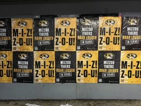 Mizzou Tigers promotional posters displaying "M-I-Z! Z-O-U!" slogan, emphasizing brand visibility in Texas for guerrilla marketing strategies.