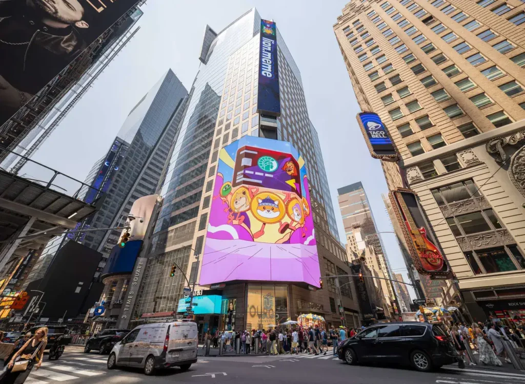 Vibrant digital billboard in Times Square displaying animated characters promoting a brand, surrounded by bustling city streets and pedestrians, showcasing urban advertising effectiveness.