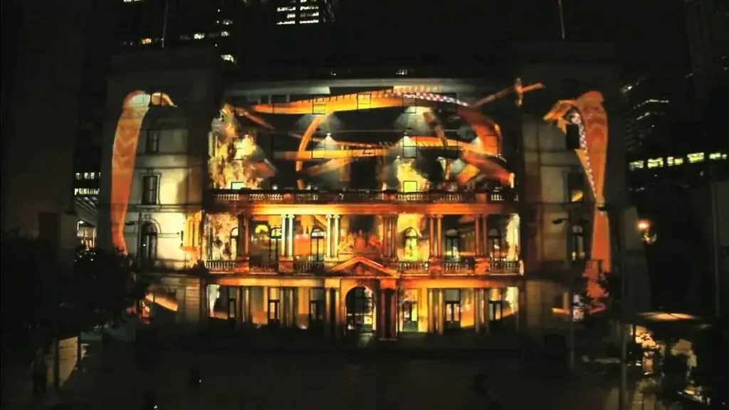 Building facade light projection show.