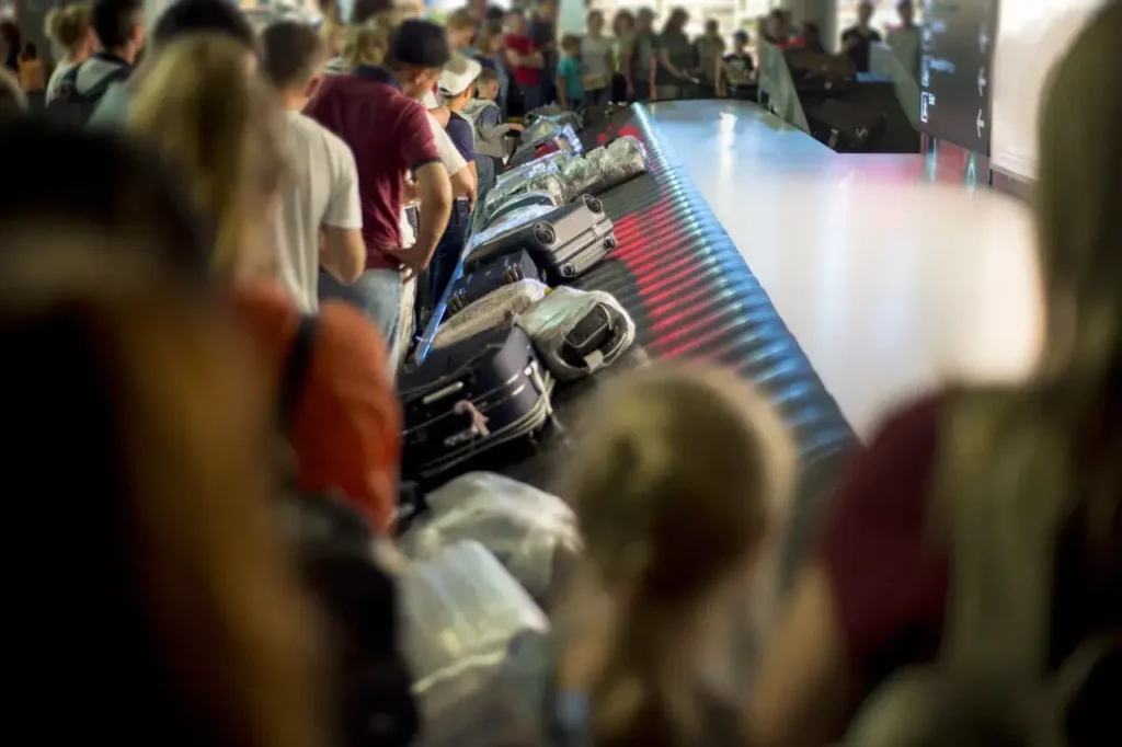 Crowd waiting at baggage claim with various suitcases on the conveyor belt, highlighting travel advertising opportunities.