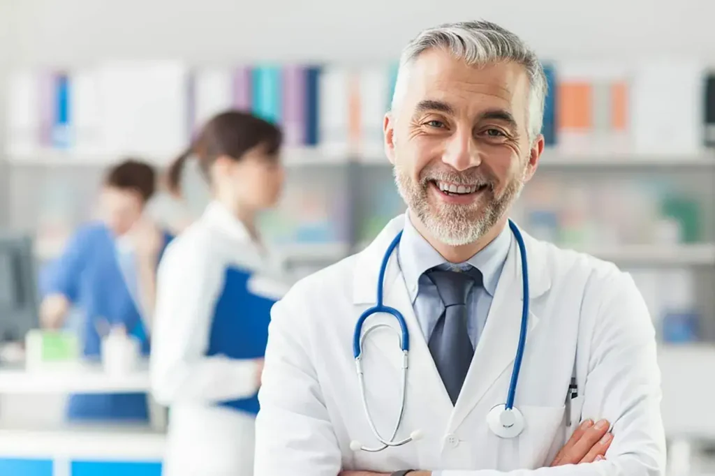 Doctor smiling in a medical office with colleagues in the background, wearing a white coat and stethoscope, representing healthcare professionalism and teamwork.