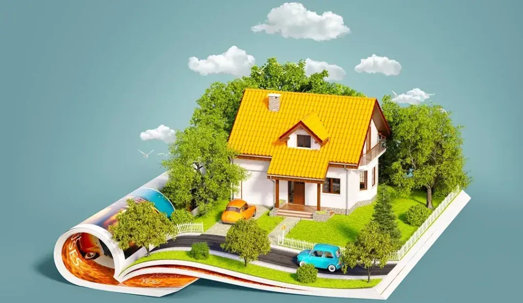 3D illustration of a house with a yellow roof surrounded by trees and cars, emerging from an open magazine, symbolizing innovative real estate advertising strategies.