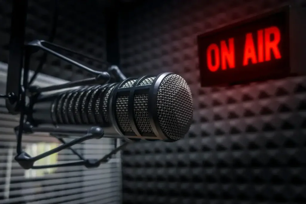 Microphone in a recording studio with "ON AIR" sign, symbolizing radio advertising and broadcasting.