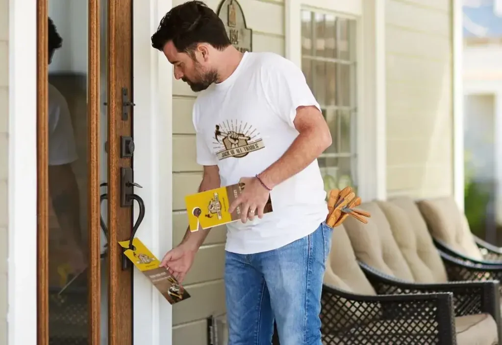 Man distributing marketing materials using door hangers at a residential door, emphasizing guerrilla marketing techniques.