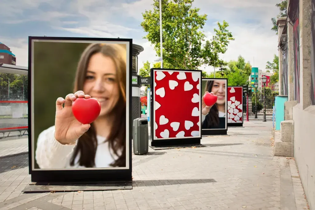 Billboard advertising featuring a woman holding a red heart, surrounded by heart-patterned displays, emphasizing emotional engagement in outdoor marketing strategies.