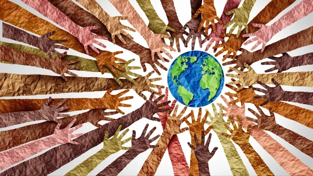 Diverse hands reaching towards a globe, symbolizing global collaboration and international marketing efforts.