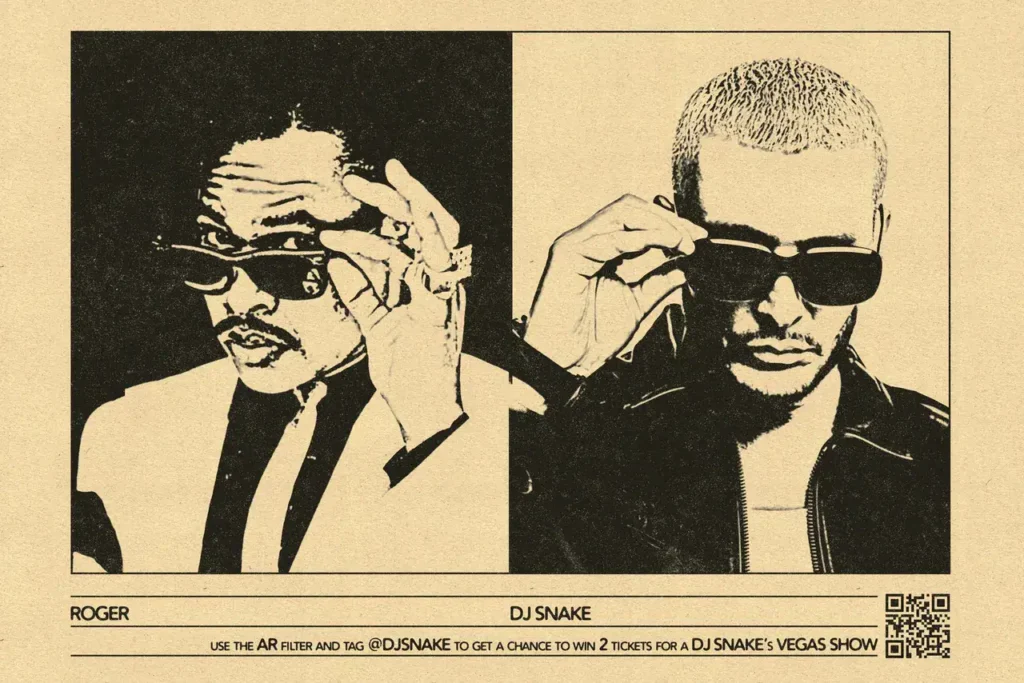 DJ Snake and Roger promoting an augmented reality event, featuring sunglasses-wearing artists, with a call-to-action for a chance to win tickets to a DJ Snake show.