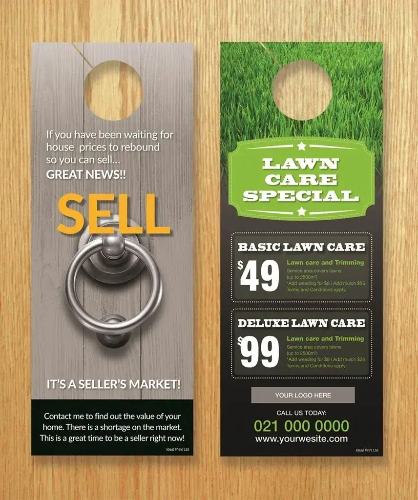 Door hanger advertising promoting lawn care services and real estate selling opportunities, featuring pricing for basic and deluxe lawn care packages.