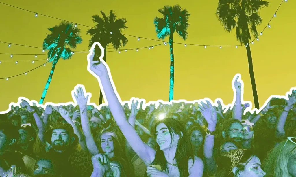 Crowd enjoying a lively outdoor event with palm trees and string lights, emphasizing vibrant atmosphere and engagement, relevant to advertising trends at Coachella.