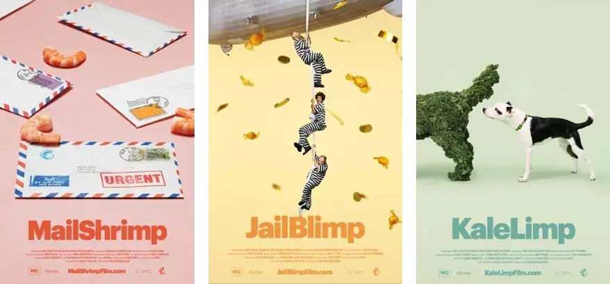 Promotional poster featuring three humorous film titles: "MailShrimp" with shrimp and envelopes, "JailBlimp" showcasing characters in striped outfits and falling leaves, and "KaleLimp" featuring a dog made of kale, emphasizing creative content for marketing strategies.