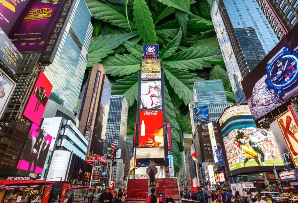 Times Square with cannabis leaves overlay, showcasing digital billboards and advertisements related to marijuana marketing.