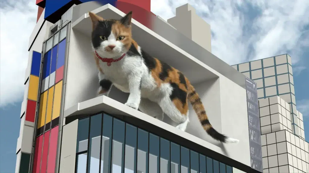 3D advertisement featuring a large calico cat on a building facade, showcasing innovative international advertising strategies.
