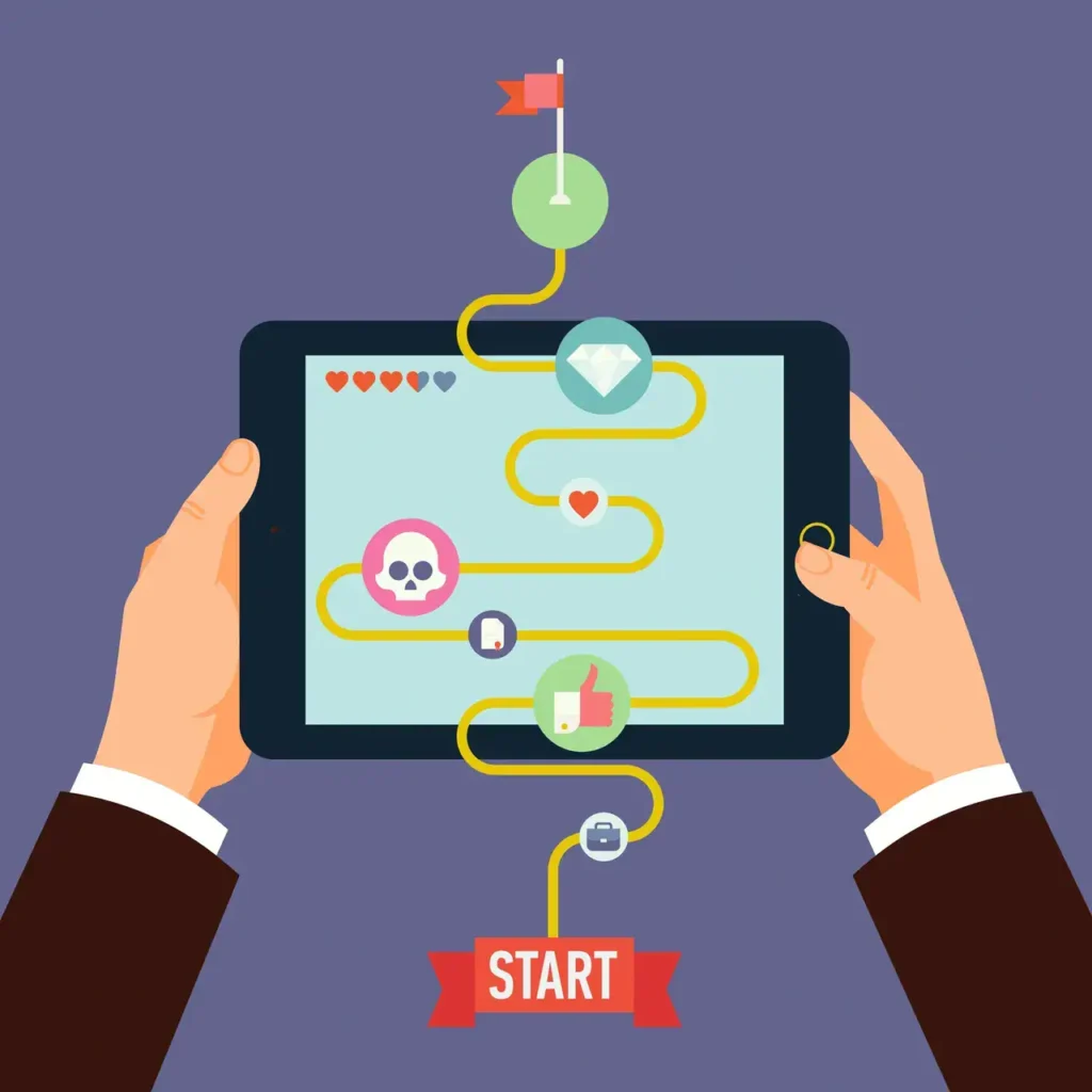 Hands holding a tablet displaying a gamified interface with a winding path, icons for hearts, diamonds, and obstacles, and a "START" banner, illustrating gamification in marketing strategies.