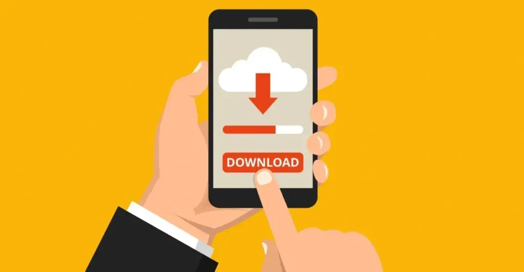 Hand holding a smartphone displaying a download button, symbolizing mobile marketing and data collection strategies.