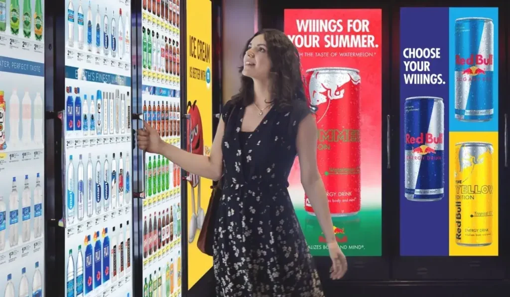 Woman selecting beverages from a vending machine surrounded by vibrant advertising for Red Bull and other drinks, illustrating creative out-of-home marketing strategies.