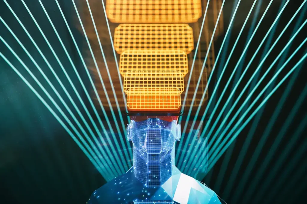 Digital representation of a human head with grid overlays and laser beams, symbolizing artificial intelligence and innovative marketing strategies.