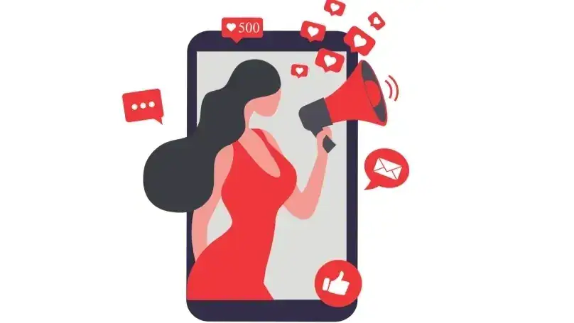 Illustration of a woman in a red dress holding a megaphone, surrounded by social media icons and notifications, symbolizing digital marketing and audience engagement strategies.