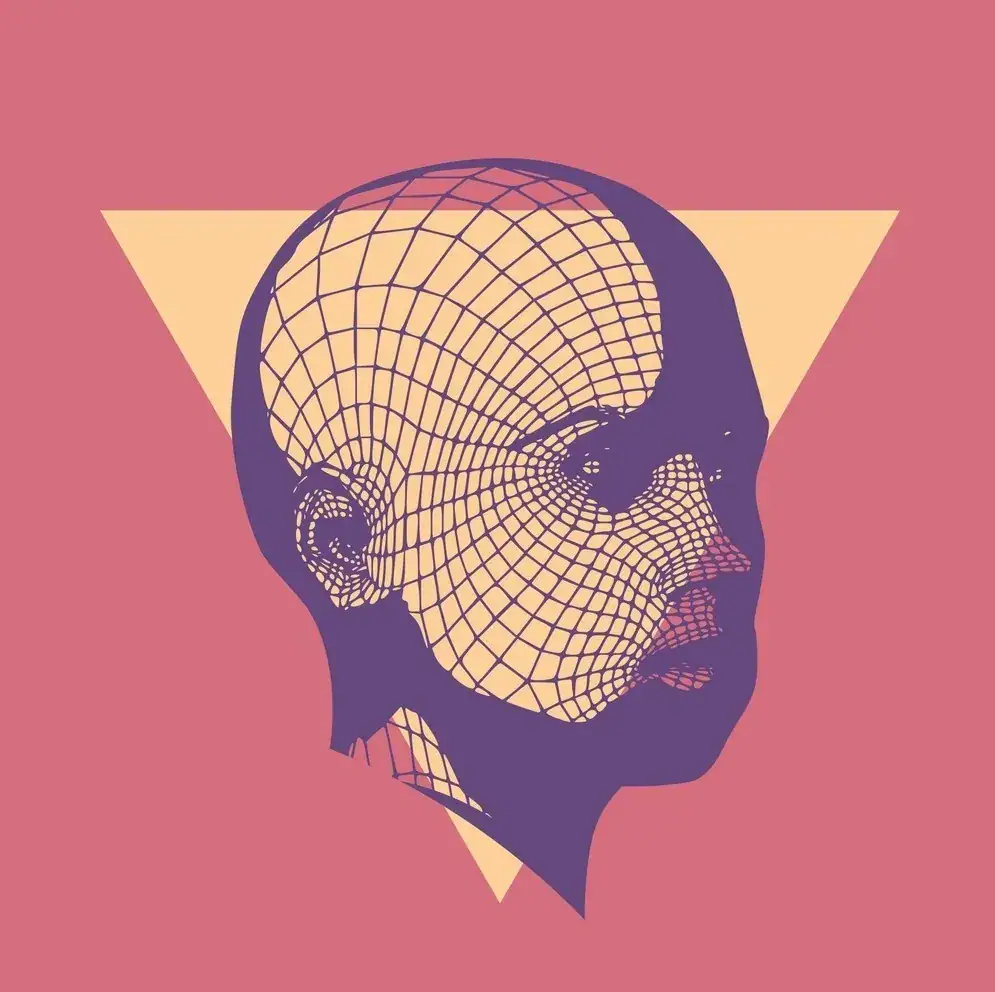 Abstract illustration of a human head with a wireframe design, set against a pink background and a yellow triangular shape, symbolizing innovative marketing concepts.