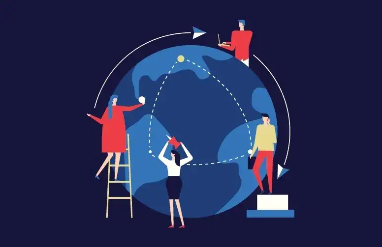 Illustration of diverse individuals interacting with a globe, symbolizing global marketing strategies and advertising trends.