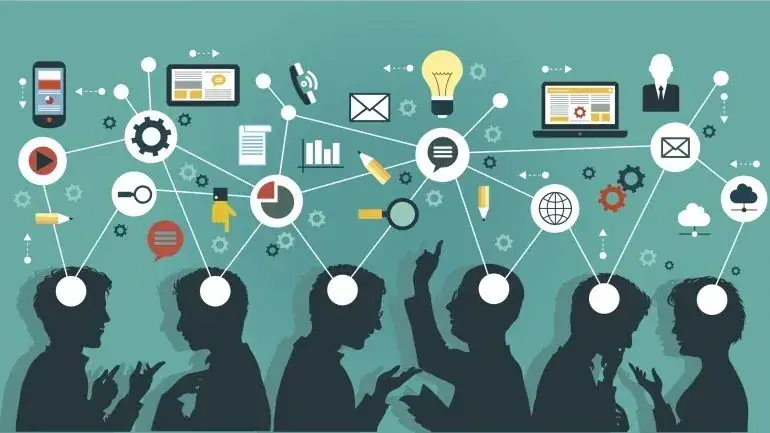 Silhouettes of people discussing ideas with icons representing marketing tools, communication, and technology, emphasizing collaboration in guerrilla marketing strategies.