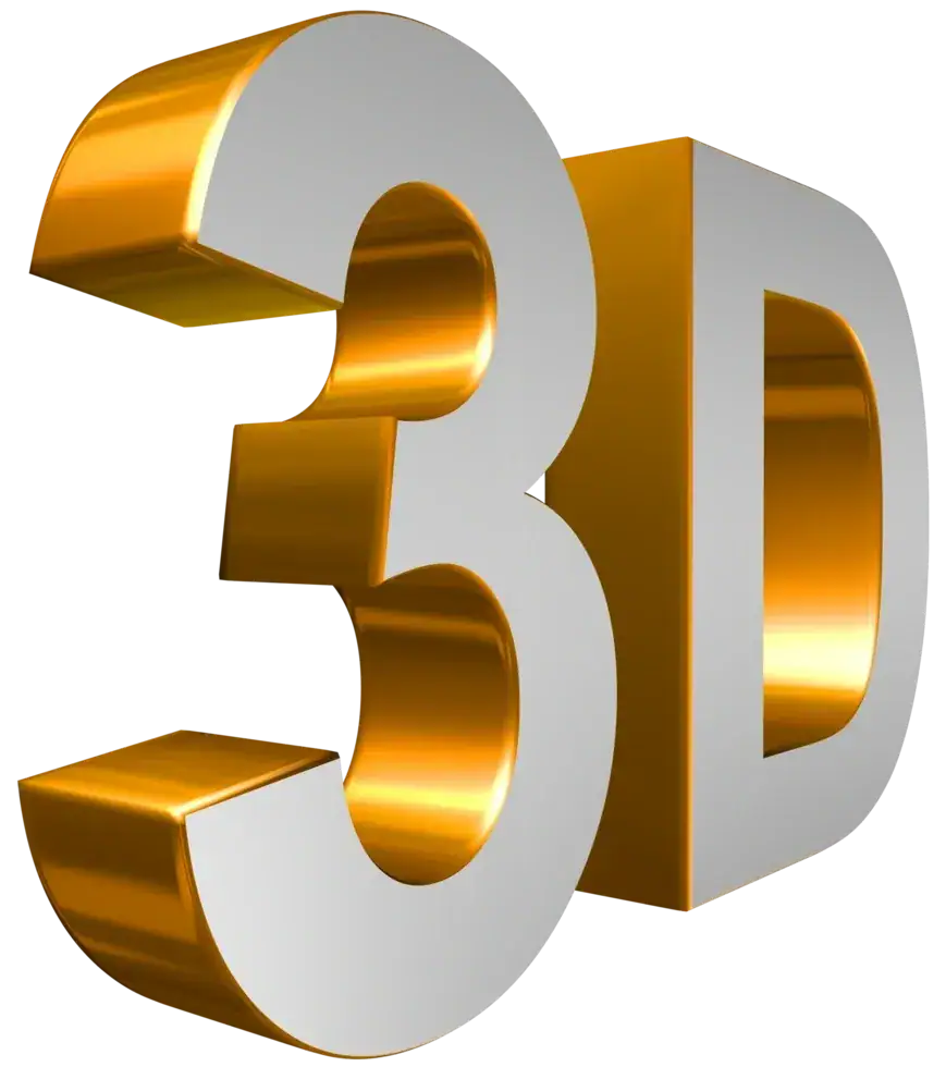3D golden and silver text emphasizing "3D" in a marketing context, relevant to innovative advertising strategies.
