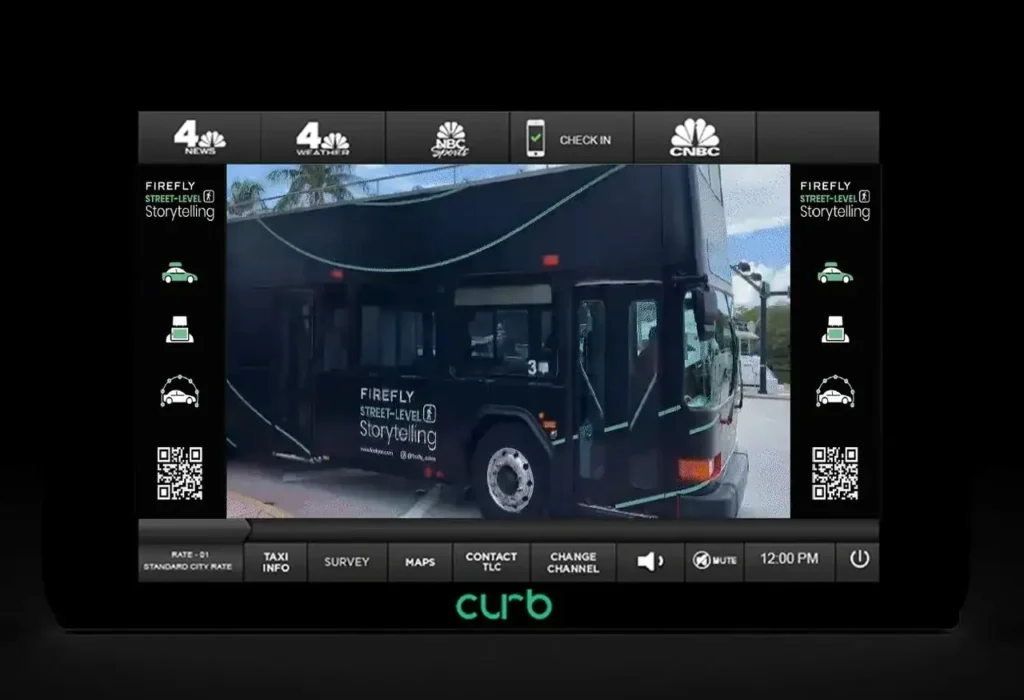 Curb screen displaying a bus featuring Firefly Street-Level Storytelling, showcasing innovative advertising technology for guerrilla marketing.