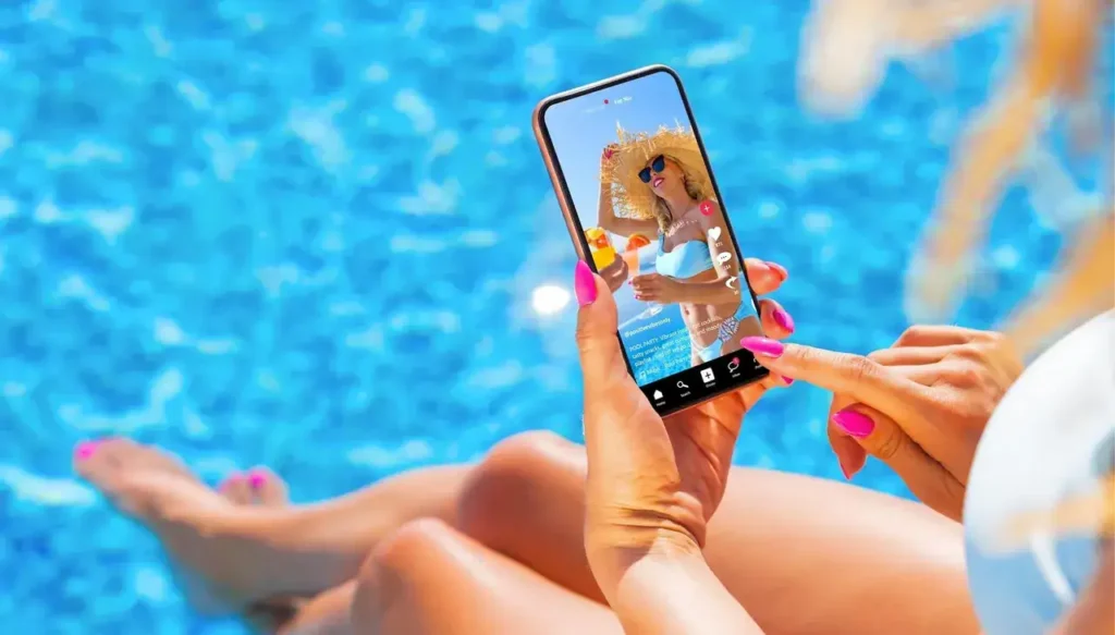 Woman holding smartphone by pool, viewing TikTok video featuring a beach scene, emphasizing digital marketing and social media engagement.