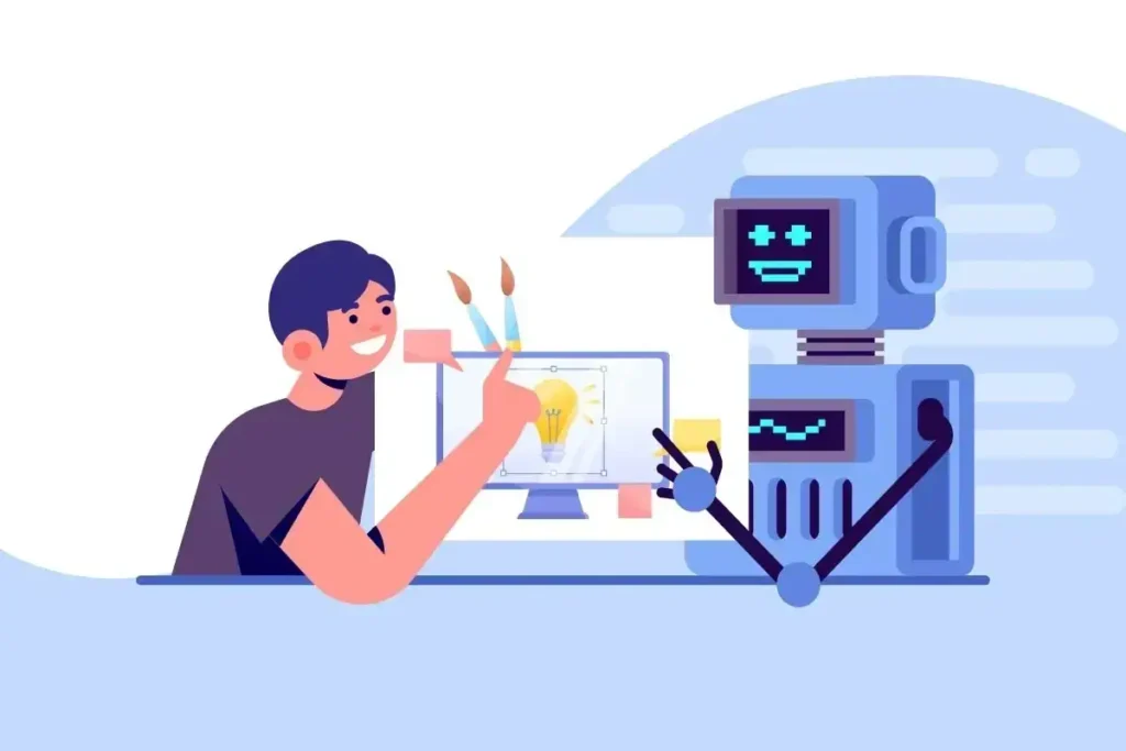 Person collaborating with a robot on digital content creation, showcasing creativity and technology in marketing.