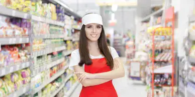 Brand ambassador in a red uniform smiling in a grocery store aisle, showcasing customer engagement for marketing strategies.