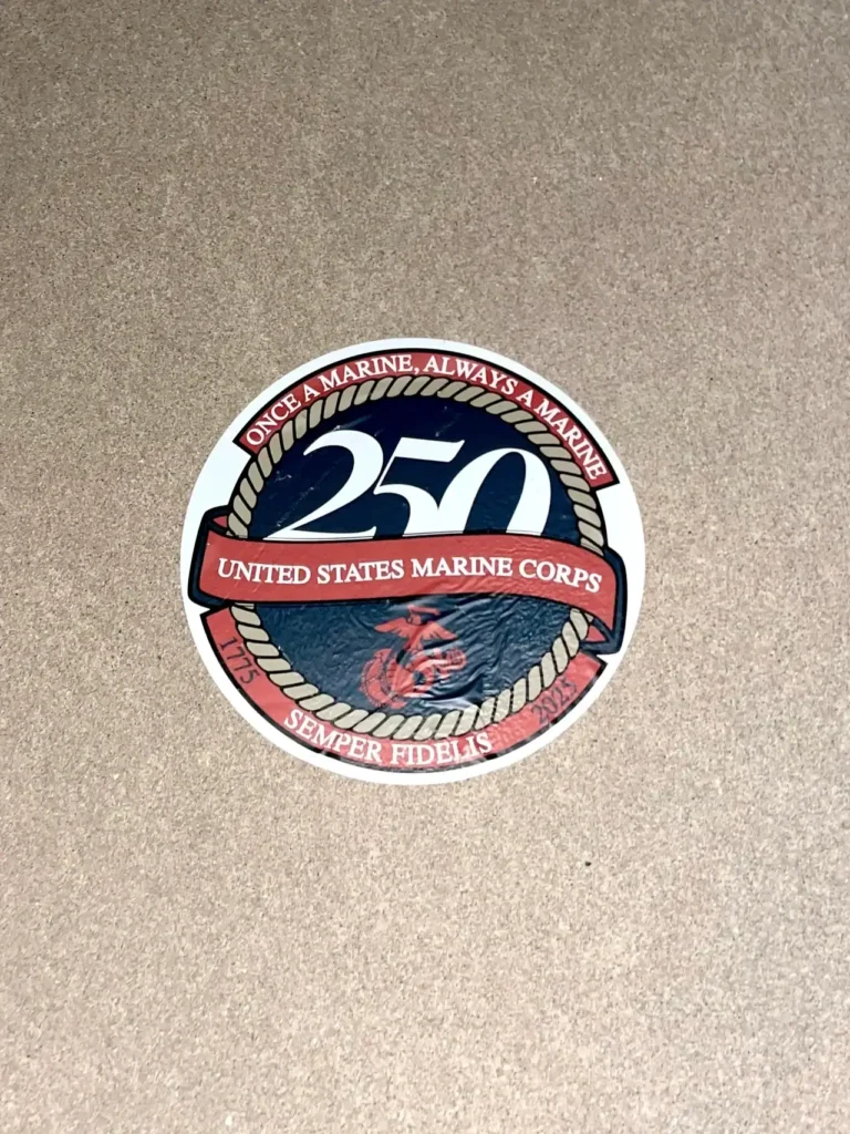 Sticker featuring the United States Marine Corps emblem with "250" and the phrase "Once a Marine, Always a Marine," surrounded by a rope design and "Semper Fidelis."