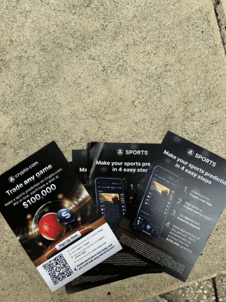 Flyers promoting sports predictions and cryptocurrency trading featuring a basketball graphic, QR code, and instructions for participation, relevant to American Guerrilla Marketing's flyer distribution services.