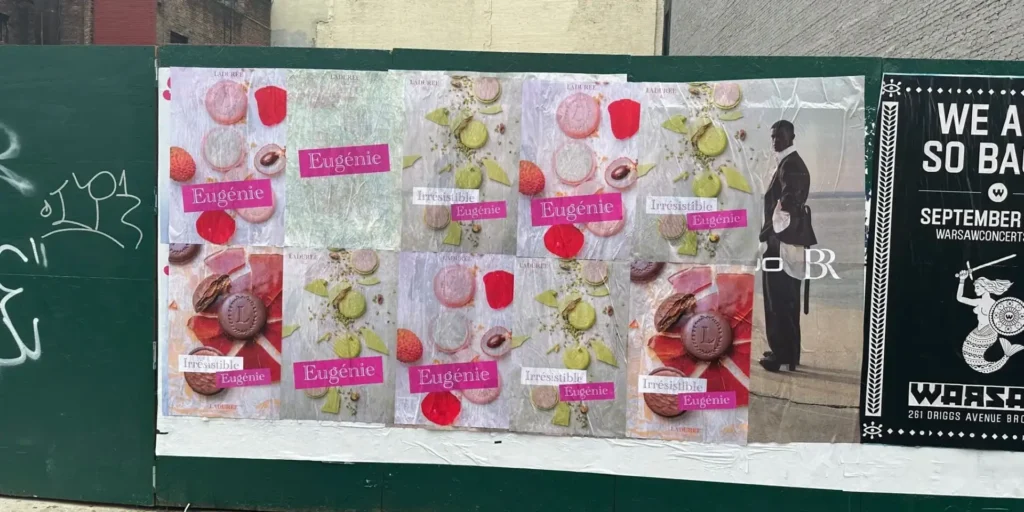Collage of colorful advertising posters featuring desserts and the name "Eug&eacute;nie," alongside a vintage-style poster for a concert event, showcasing guerrilla marketing techniques in an urban setting.
