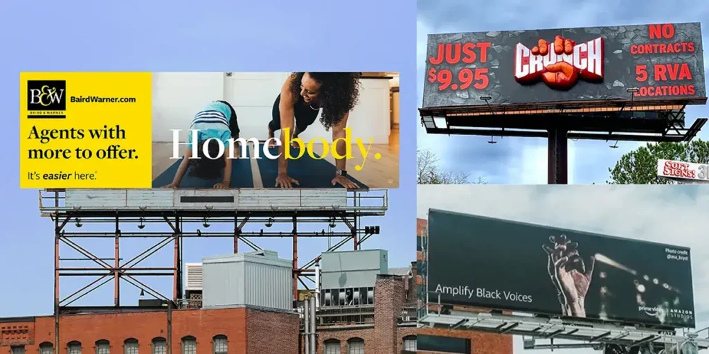 Billboards featuring diverse advertising messages, including a real estate ad for Baird & Warner promoting the term "Homebody," a Crunch Fitness promotion for $9.95, and a campaign encouraging the amplification of Black voices, showcasing guerrilla marketing strategies in urban settings.